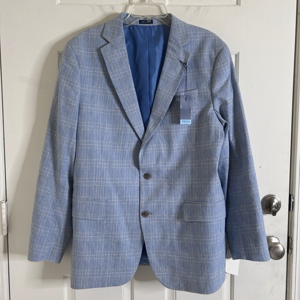 Stafford Blazer Mens 42R Blue Plaid Stretch Linen Blend Sport Coat Slm Fit NWT